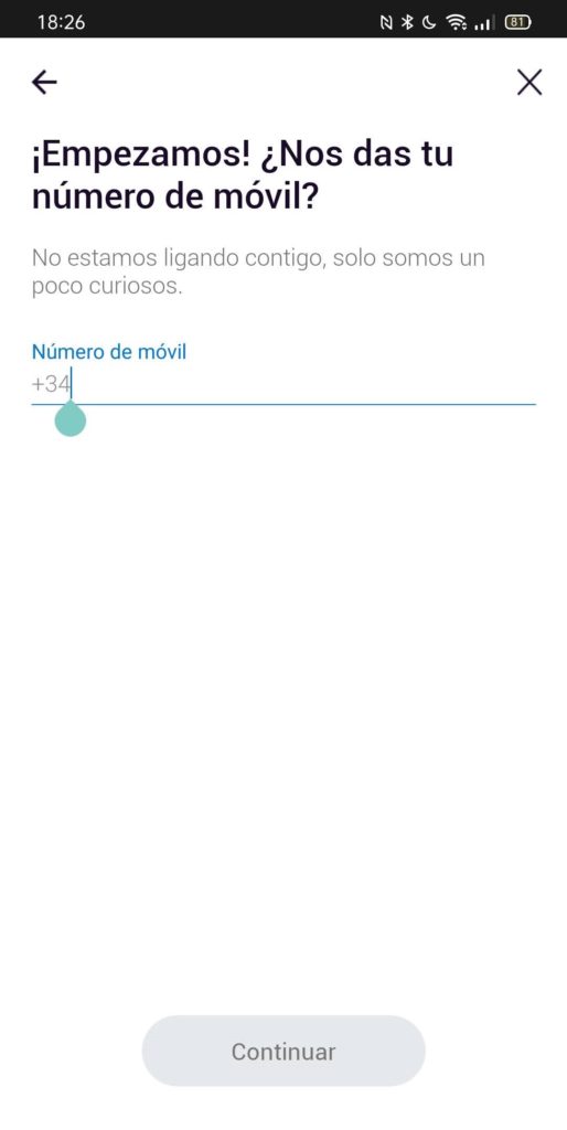 Indica tu número de teléfono para registrarte en Imagin Bank