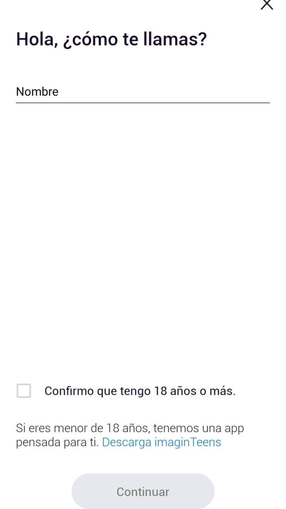 Indica tu nombre para registrarte en la app de Imagin Bank