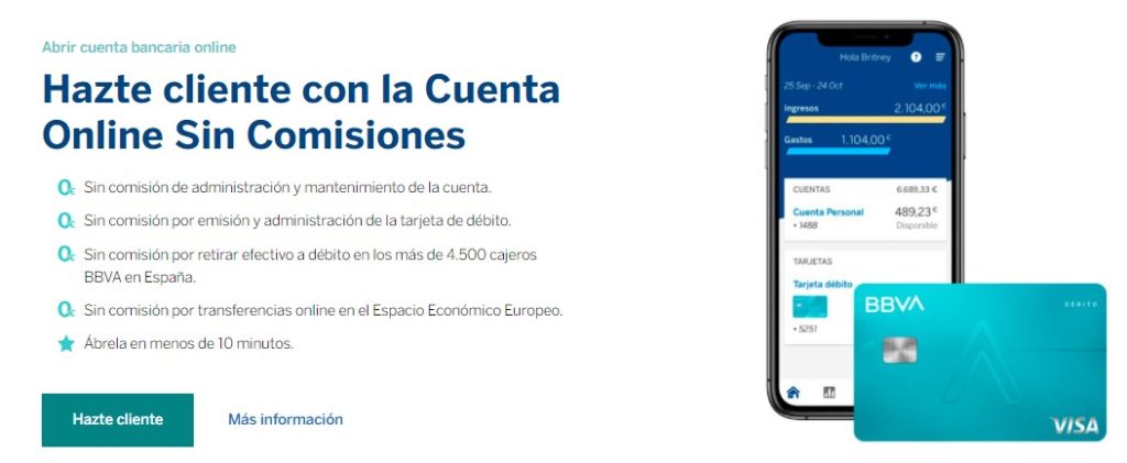 Características de la cuenta online sin comisiones BBVA