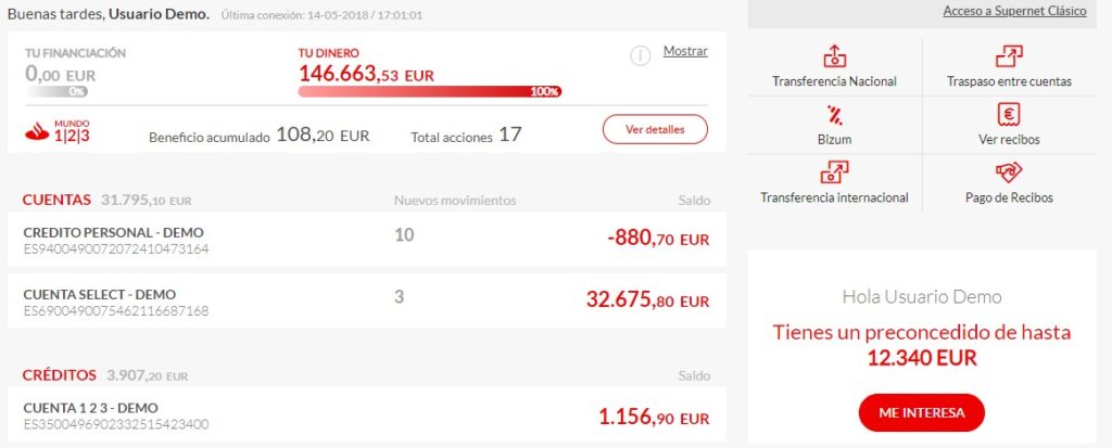 Área de clientes del Banco Santander Online